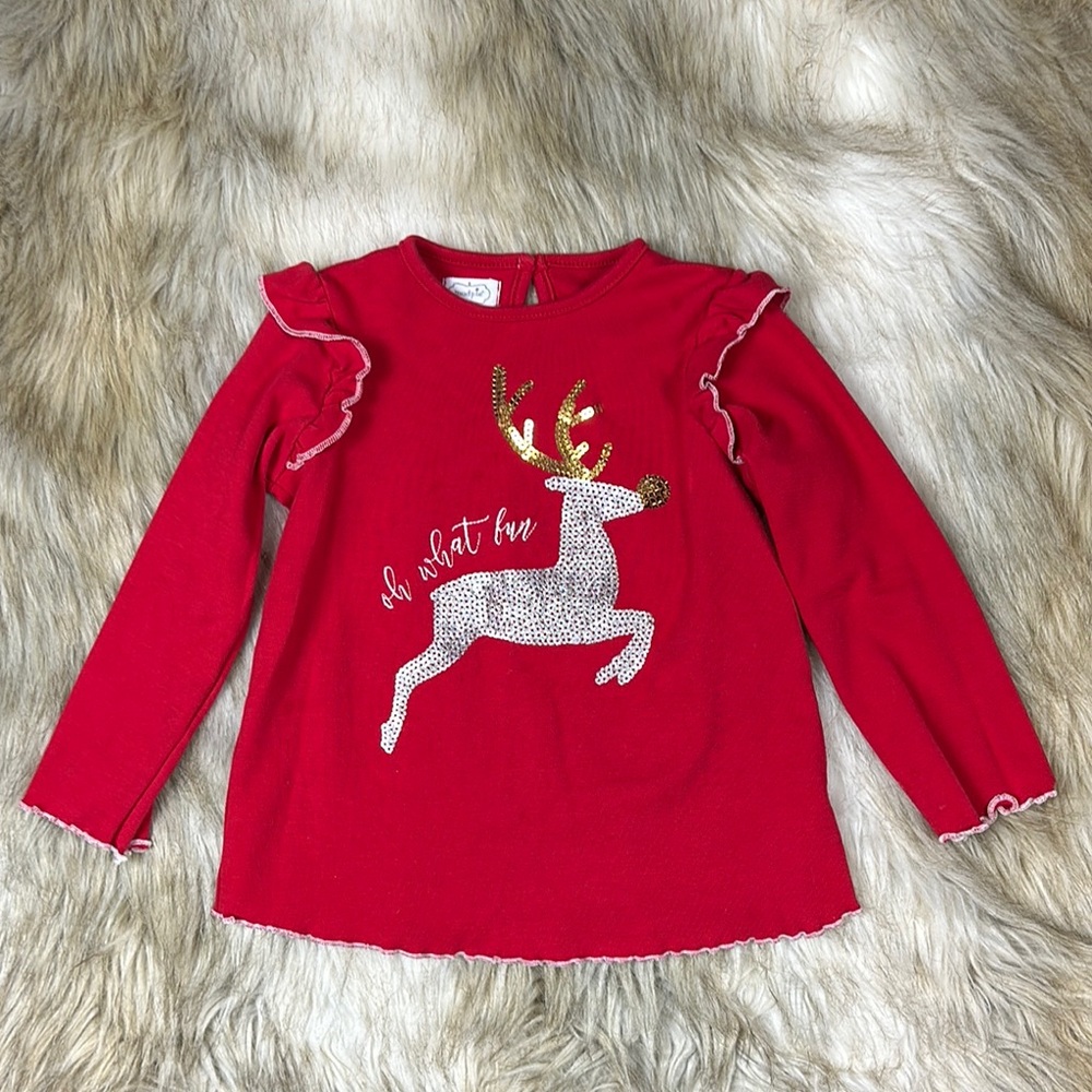 4T-5T Mud Pie Long Sleeve ‘Oh What Fun’ Reindeer Long Sleeve Ruffle Top